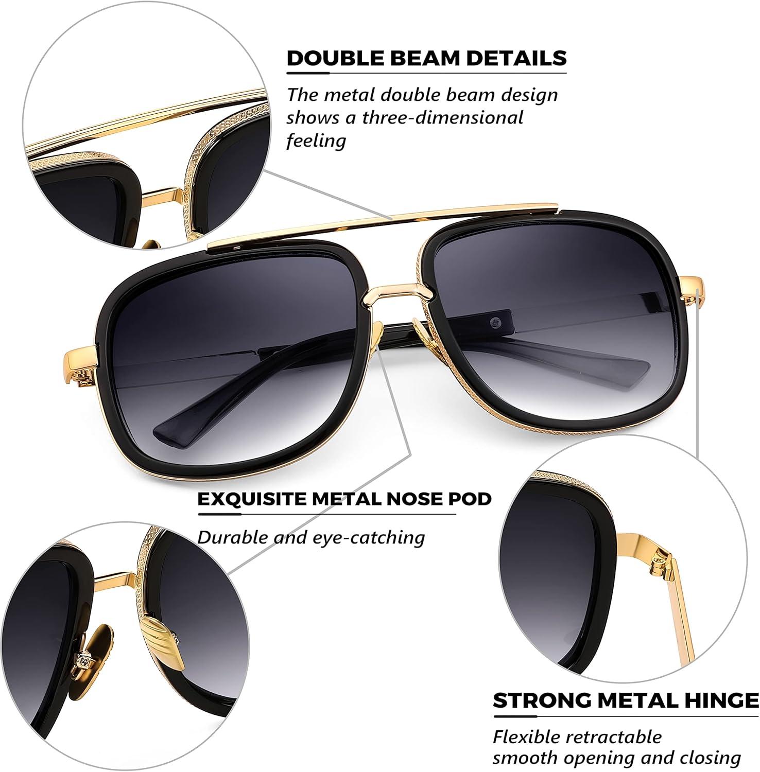 image:imageFEISEDY Retro Trendy Aviator Sunglasses Women Men Classic Vintage Square Sunglasses 70s Large Metal Shades B2321002 Gold FrameGradient Gray Lens
