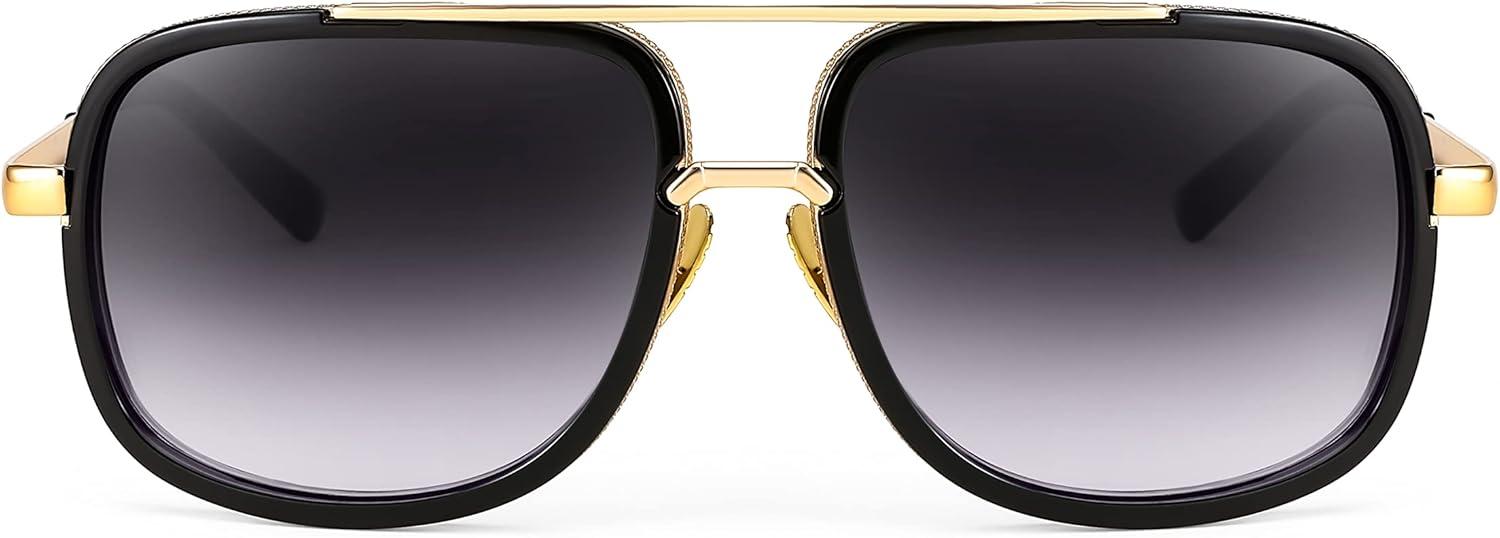 image:imageFEISEDY Retro Trendy Aviator Sunglasses Women Men Classic Vintage Square Sunglasses 70s Large Metal Shades B2321002 Gold FrameGradient Gray Lens