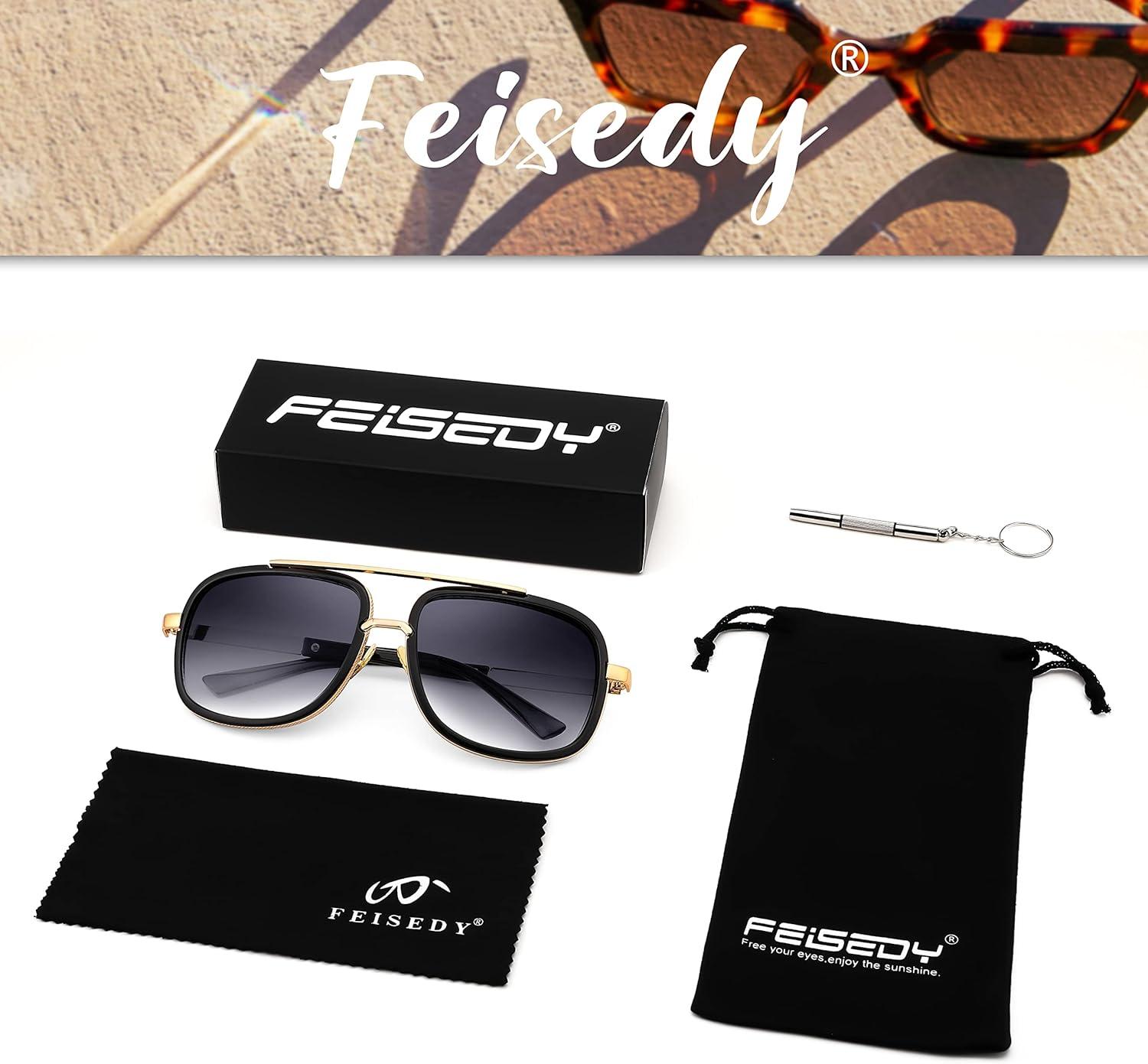 image:imageFEISEDY Retro Trendy Aviator Sunglasses Women Men Classic Vintage Square Sunglasses 70s Large Metal Shades B2321002 Gold FrameGradient Gray Lens