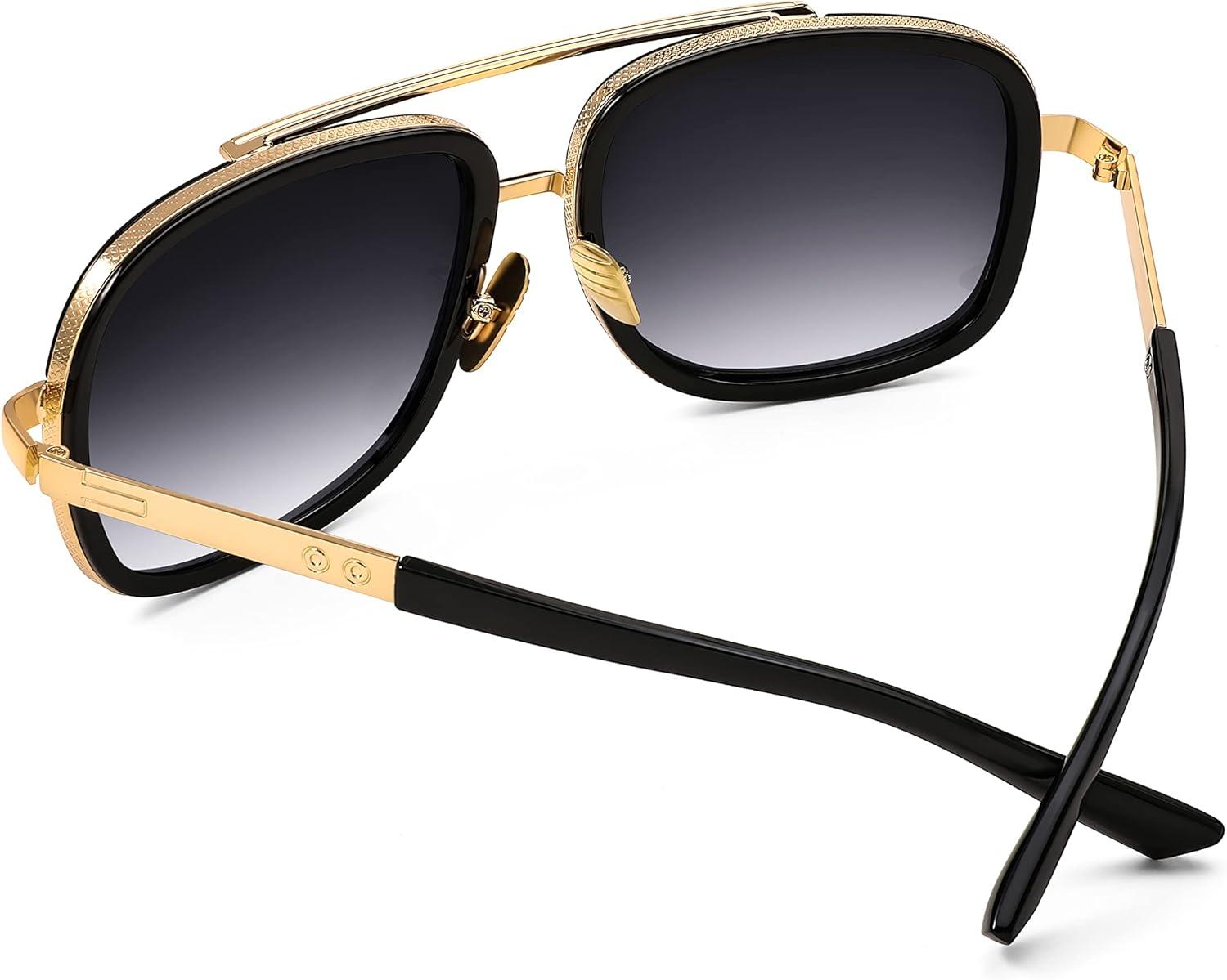 image:imageFEISEDY Retro Trendy Aviator Sunglasses Women Men Classic Vintage Square Sunglasses 70s Large Metal Shades B2321002 Gold FrameGradient Gray Lens