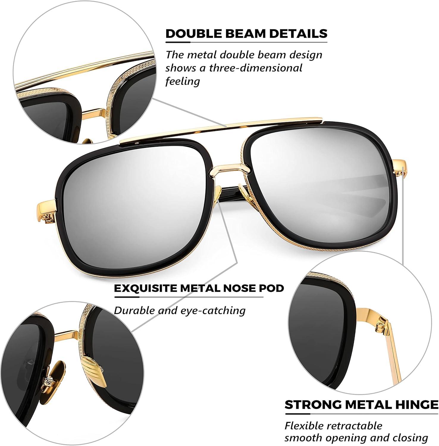 image:imageFEISEDY Retro Trendy Aviator Sunglasses Women Men Classic Vintage Square Sunglasses 70s Large Metal Shades B2321003 Gold FrameWhite Mirrored Lens