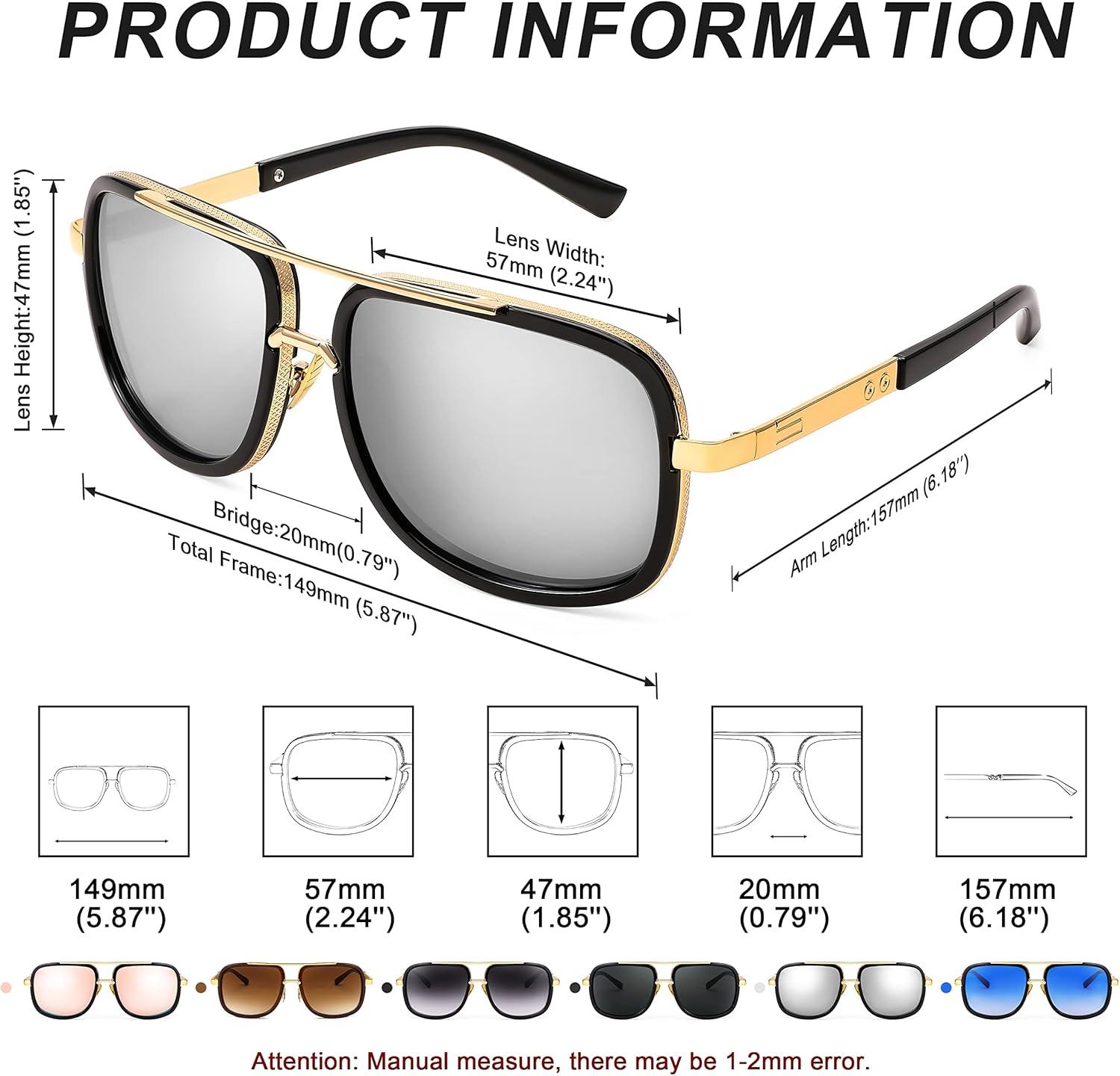 image:imageFEISEDY Retro Trendy Aviator Sunglasses Women Men Classic Vintage Square Sunglasses 70s Large Metal Shades B2321003 Gold FrameWhite Mirrored Lens