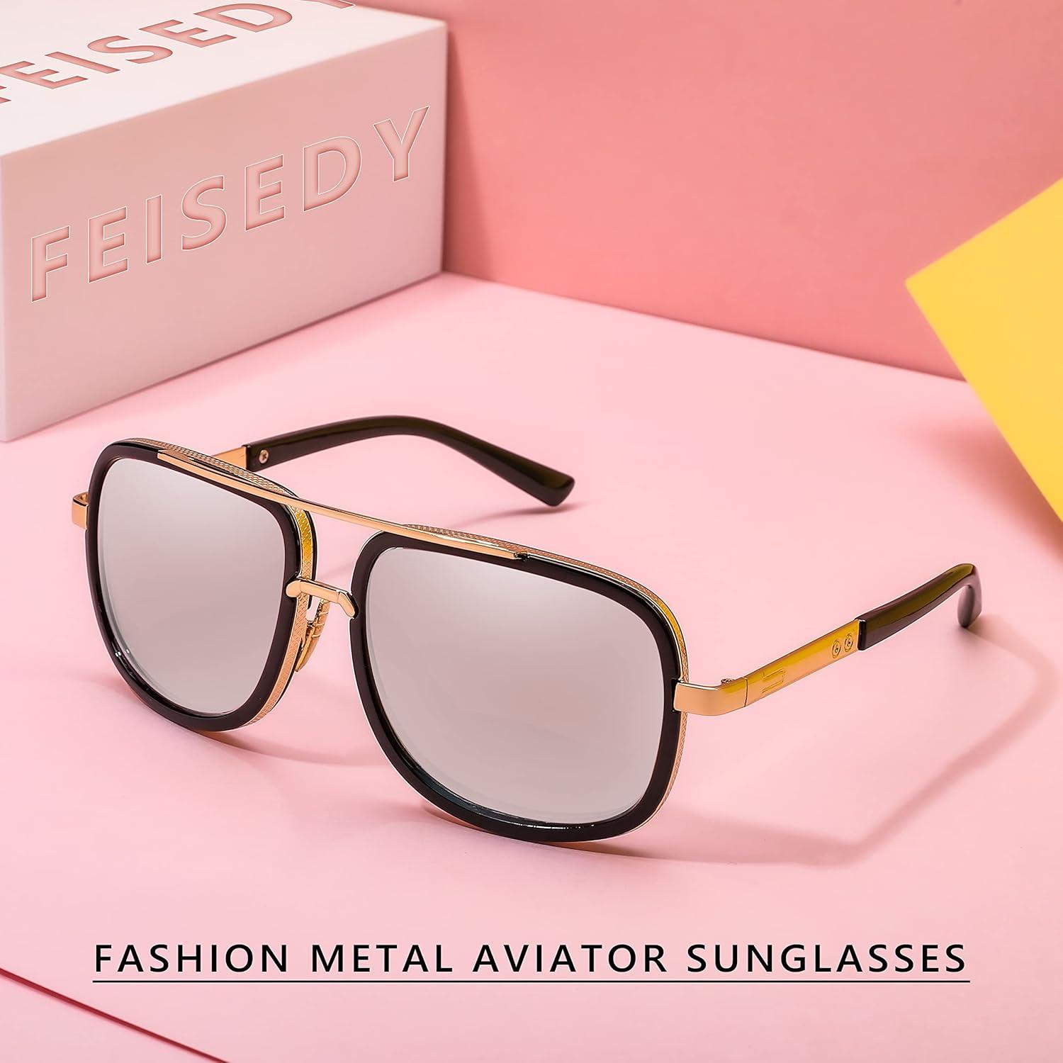 image:imageFEISEDY Retro Trendy Aviator Sunglasses Women Men Classic Vintage Square Sunglasses 70s Large Metal Shades B2321003 Gold FrameWhite Mirrored Lens