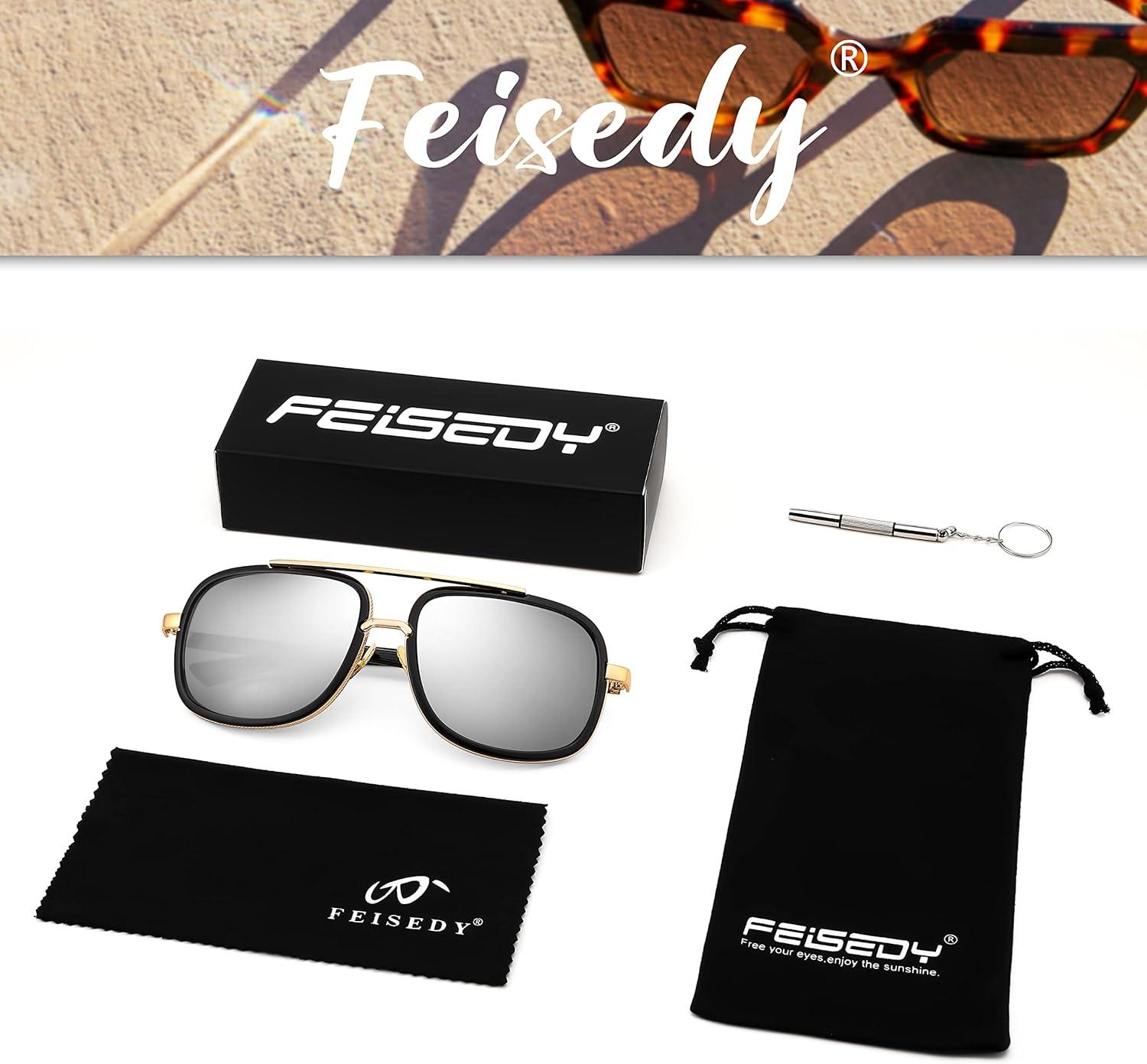 image:imageFEISEDY Retro Trendy Aviator Sunglasses Women Men Classic Vintage Square Sunglasses 70s Large Metal Shades B2321003 Gold FrameWhite Mirrored Lens