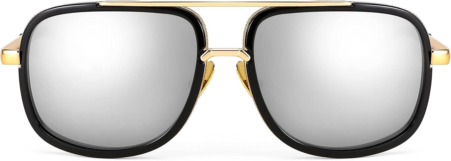 image:imageFEISEDY Retro Trendy Aviator Sunglasses Women Men Classic Vintage Square Sunglasses 70s Large Metal Shades B2321003 Gold FrameWhite Mirrored Lens