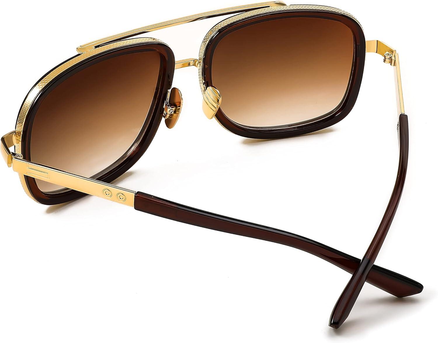 image:imageFEISEDY Retro Trendy Aviator Sunglasses Women Men Classic Vintage Square Sunglasses 70s Large Metal Shades B2321004 Gold FrameGradient Brown Lens