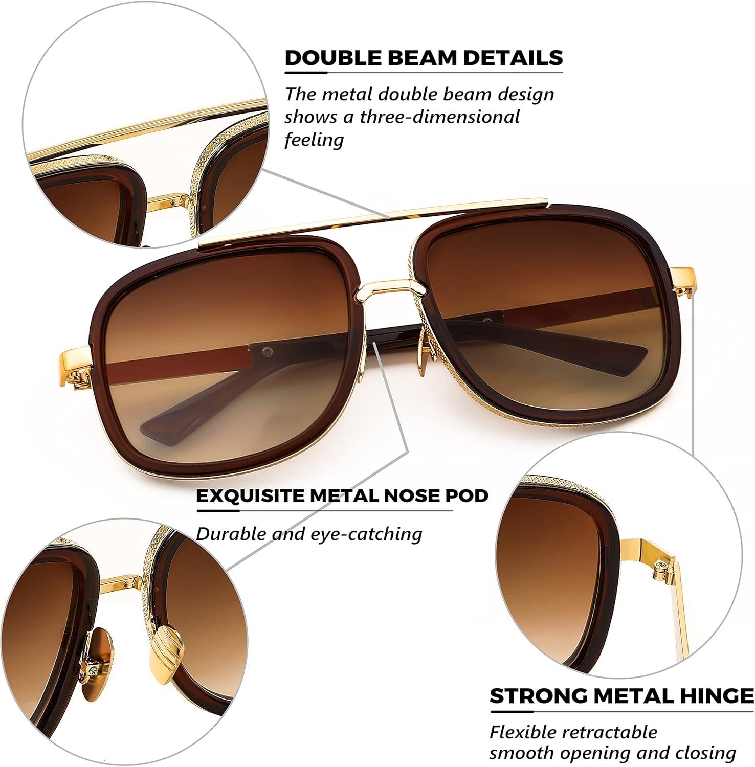image:imageFEISEDY Retro Trendy Aviator Sunglasses Women Men Classic Vintage Square Sunglasses 70s Large Metal Shades B2321004 Gold FrameGradient Brown Lens