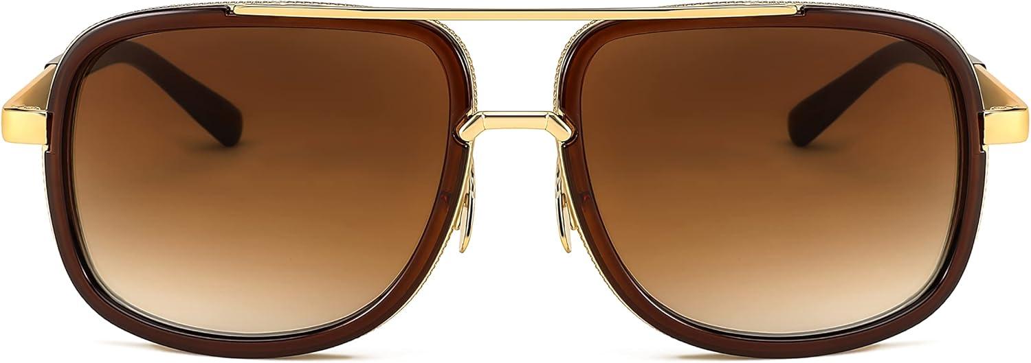 image:imageFEISEDY Retro Trendy Aviator Sunglasses Women Men Classic Vintage Square Sunglasses 70s Large Metal Shades B2321004 Gold FrameGradient Brown Lens