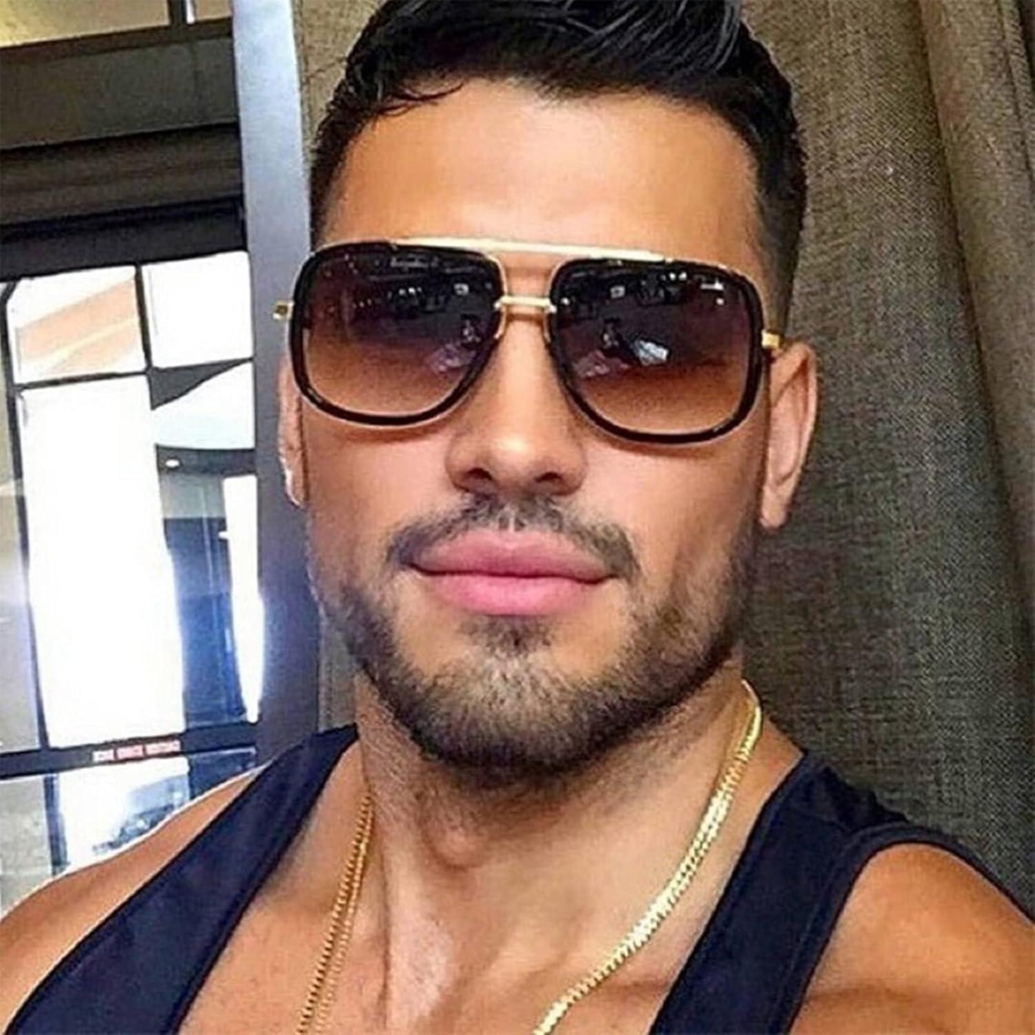 image:imageFEISEDY Retro Trendy Aviator Sunglasses Women Men Classic Vintage Square Sunglasses 70s Large Metal Shades B2321004 Gold FrameGradient Brown Lens