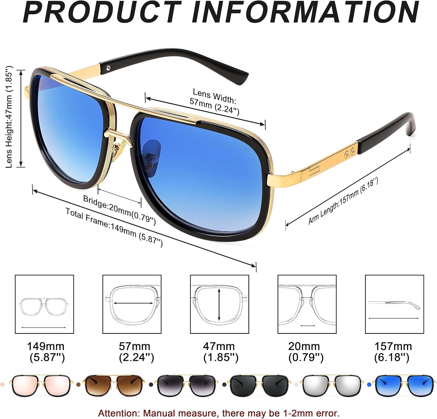 image:imageFEISEDY Retro Trendy Aviator Sunglasses Women Men Classic Vintage Square Sunglasses 70s Large Metal Shades B2321005 Gold FrameGradient Blue Lens