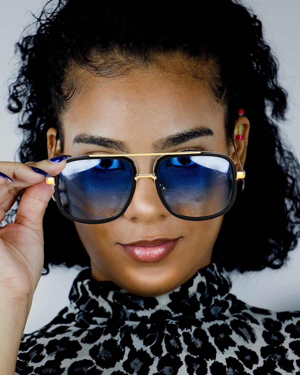 image:imageFEISEDY Retro Trendy Aviator Sunglasses Women Men Classic Vintage Square Sunglasses 70s Large Metal Shades B2321005 Gold FrameGradient Blue Lens