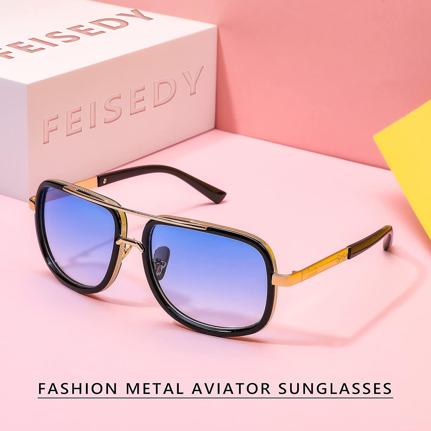image:imageFEISEDY Retro Trendy Aviator Sunglasses Women Men Classic Vintage Square Sunglasses 70s Large Metal Shades B2321005 Gold FrameGradient Blue Lens