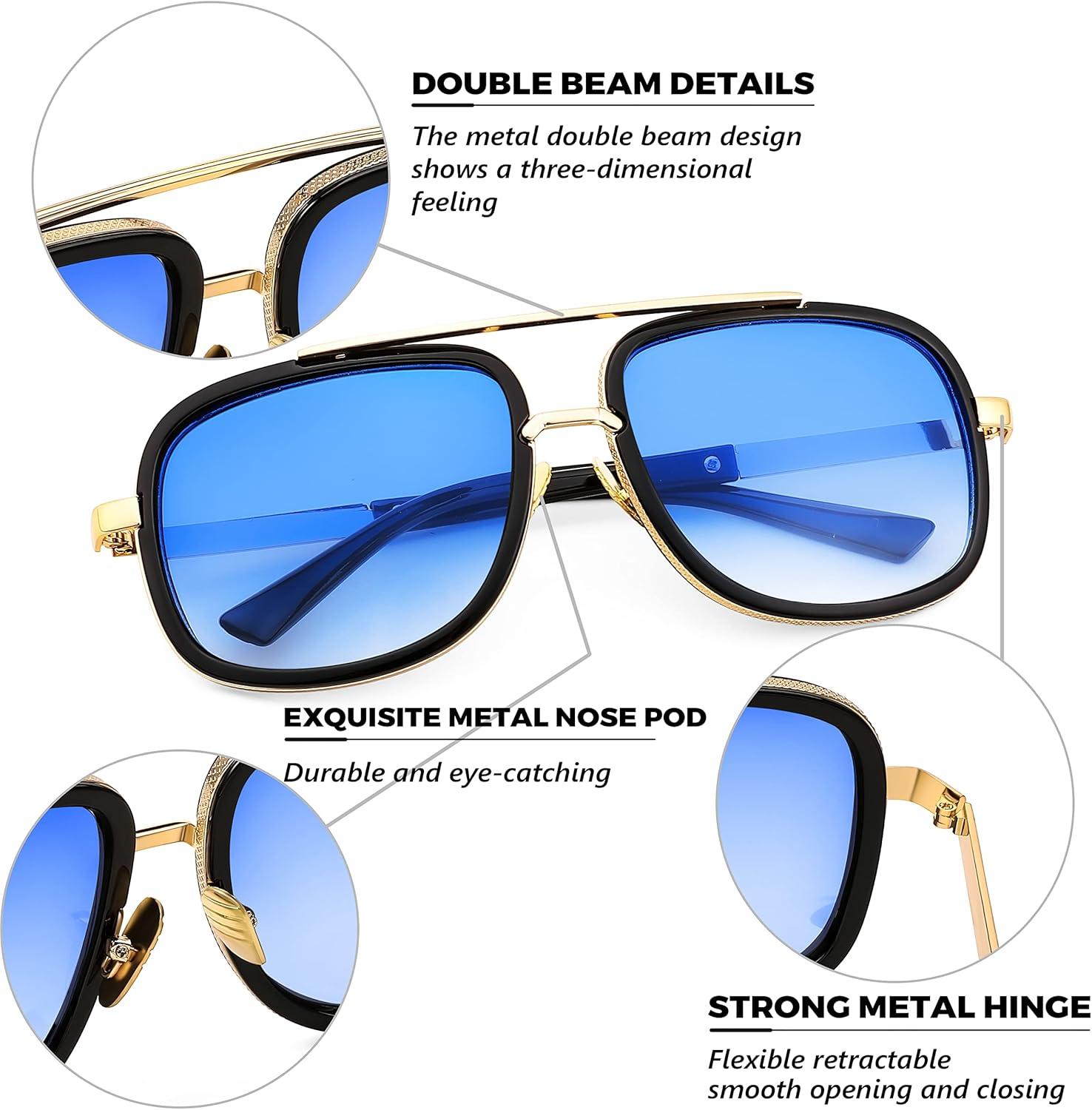image:imageFEISEDY Retro Trendy Aviator Sunglasses Women Men Classic Vintage Square Sunglasses 70s Large Metal Shades B2321005 Gold FrameGradient Blue Lens
