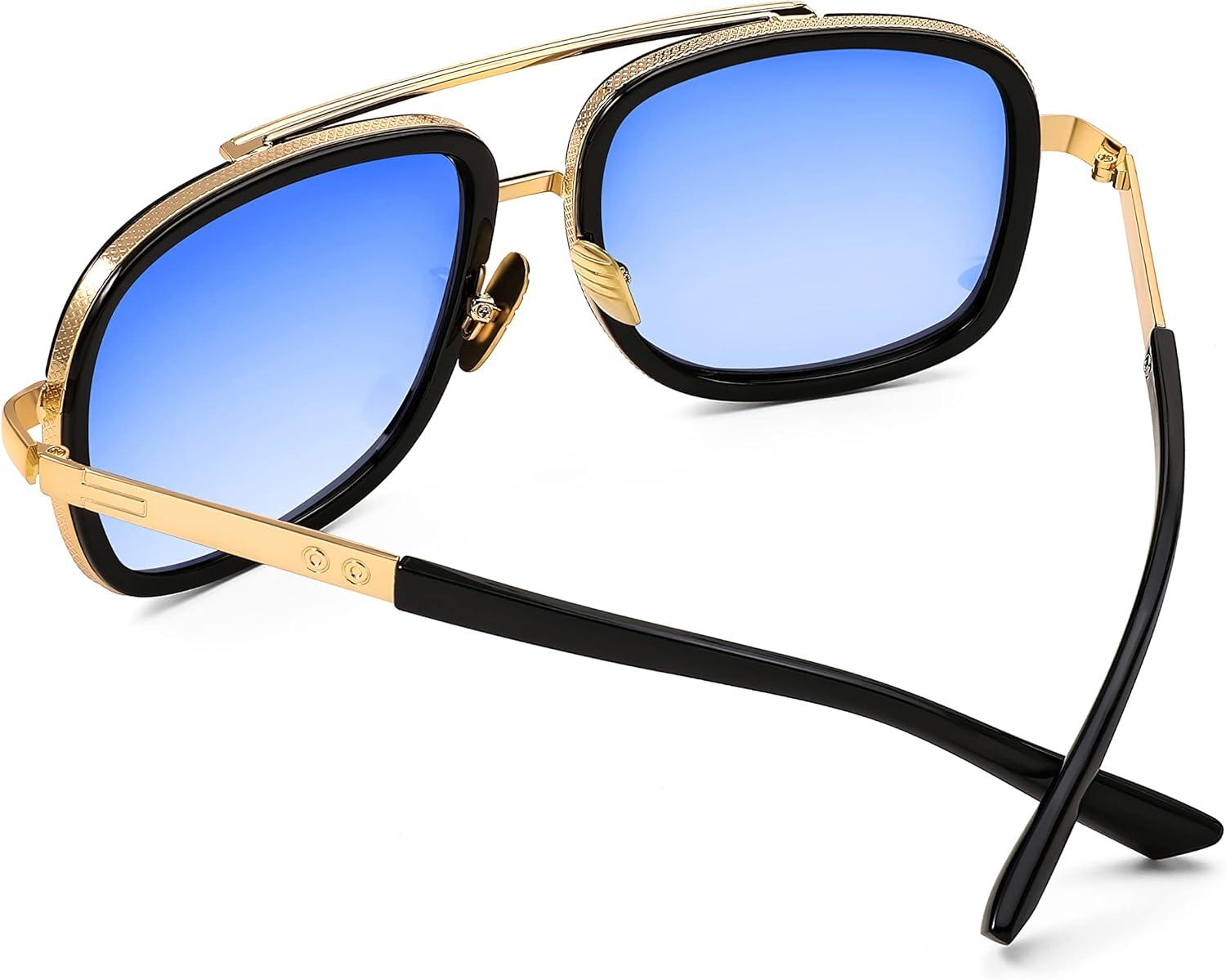 image:imageFEISEDY Retro Trendy Aviator Sunglasses Women Men Classic Vintage Square Sunglasses 70s Large Metal Shades B2321005 Gold FrameGradient Blue Lens