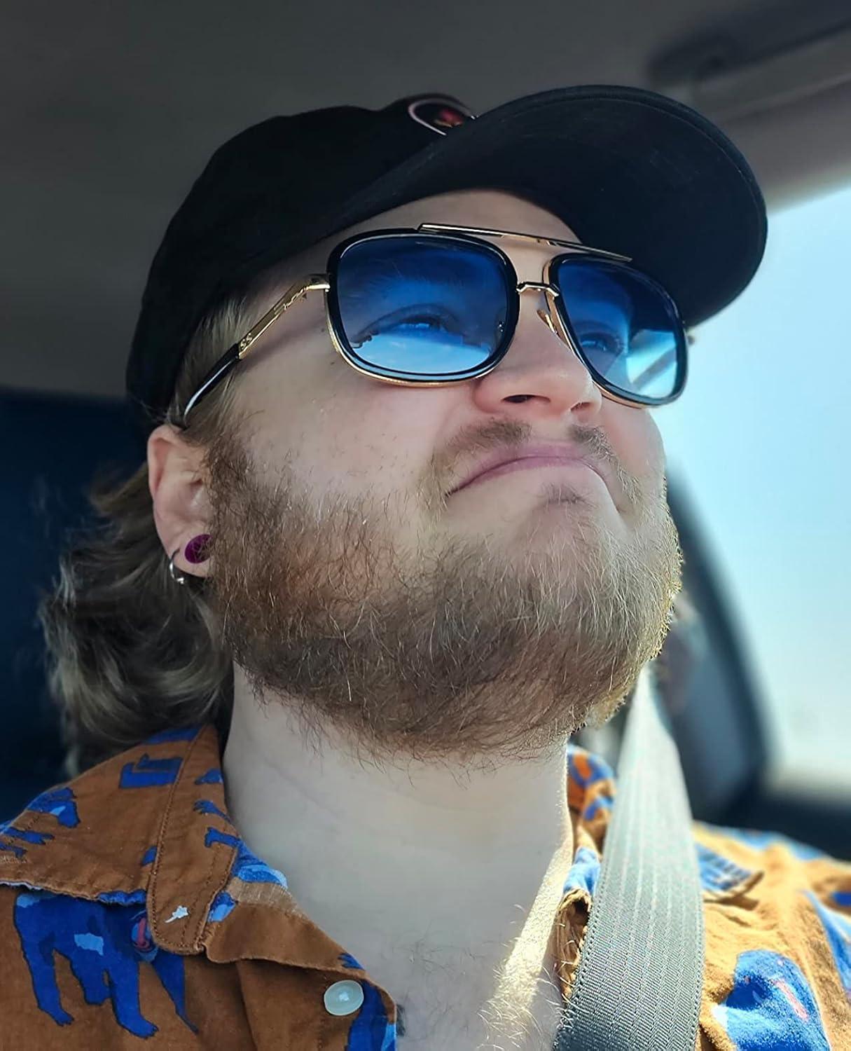 image:imageFEISEDY Retro Trendy Aviator Sunglasses Women Men Classic Vintage Square Sunglasses 70s Large Metal Shades B2321005 Gold FrameGradient Blue Lens