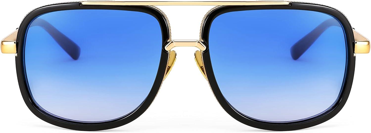 image:imageFEISEDY Retro Trendy Aviator Sunglasses Women Men Classic Vintage Square Sunglasses 70s Large Metal Shades B2321005 Gold FrameGradient Blue Lens