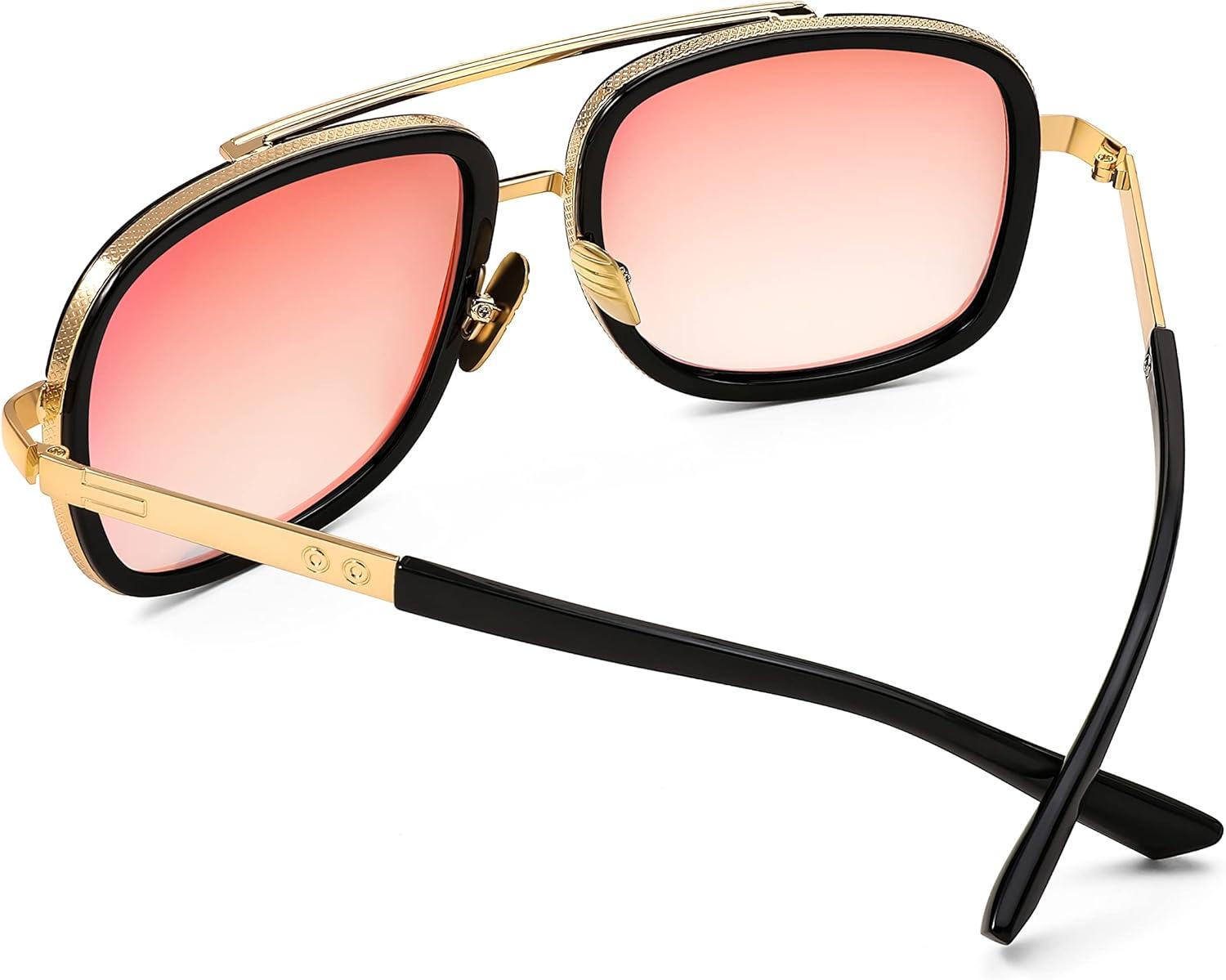 image:imageFEISEDY Retro Trendy Aviator Sunglasses Women Men Classic Vintage Square Sunglasses 70s Large Metal Shades B2321006 Gold FramePink Mirrored Lens