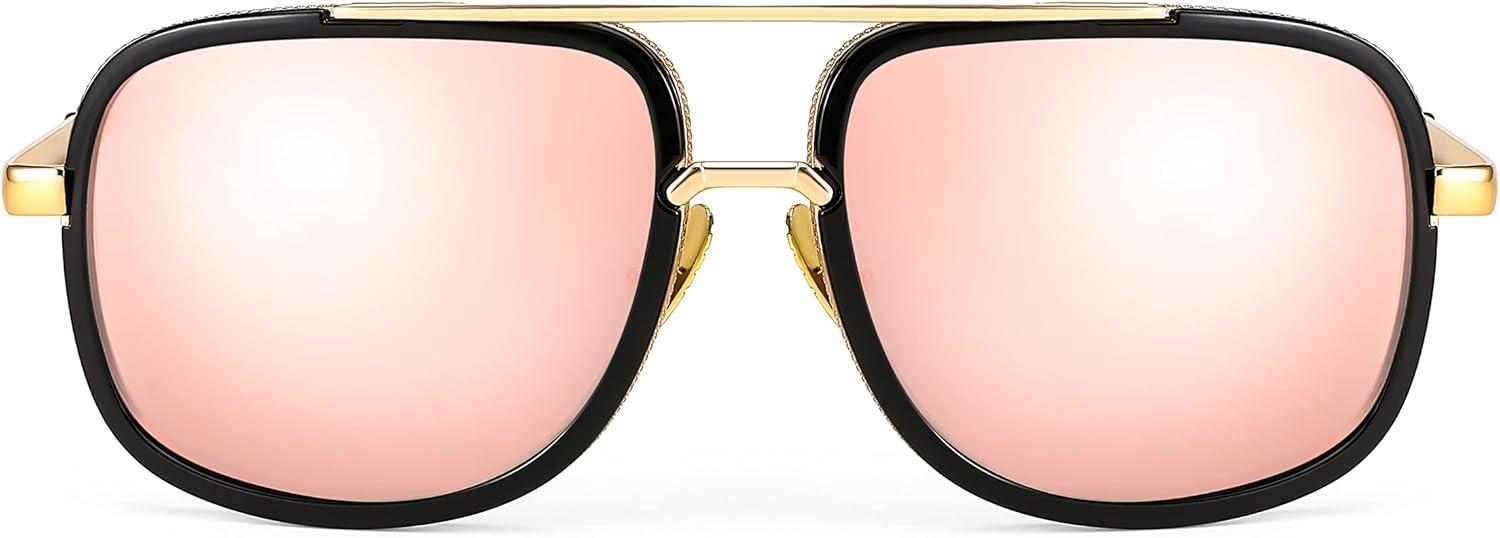 image:imageFEISEDY Retro Trendy Aviator Sunglasses Women Men Classic Vintage Square Sunglasses 70s Large Metal Shades B2321006 Gold FramePink Mirrored Lens