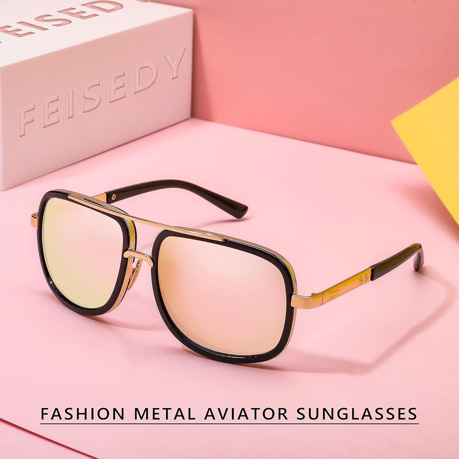 image:imageFEISEDY Retro Trendy Aviator Sunglasses Women Men Classic Vintage Square Sunglasses 70s Large Metal Shades B2321006 Gold FramePink Mirrored Lens