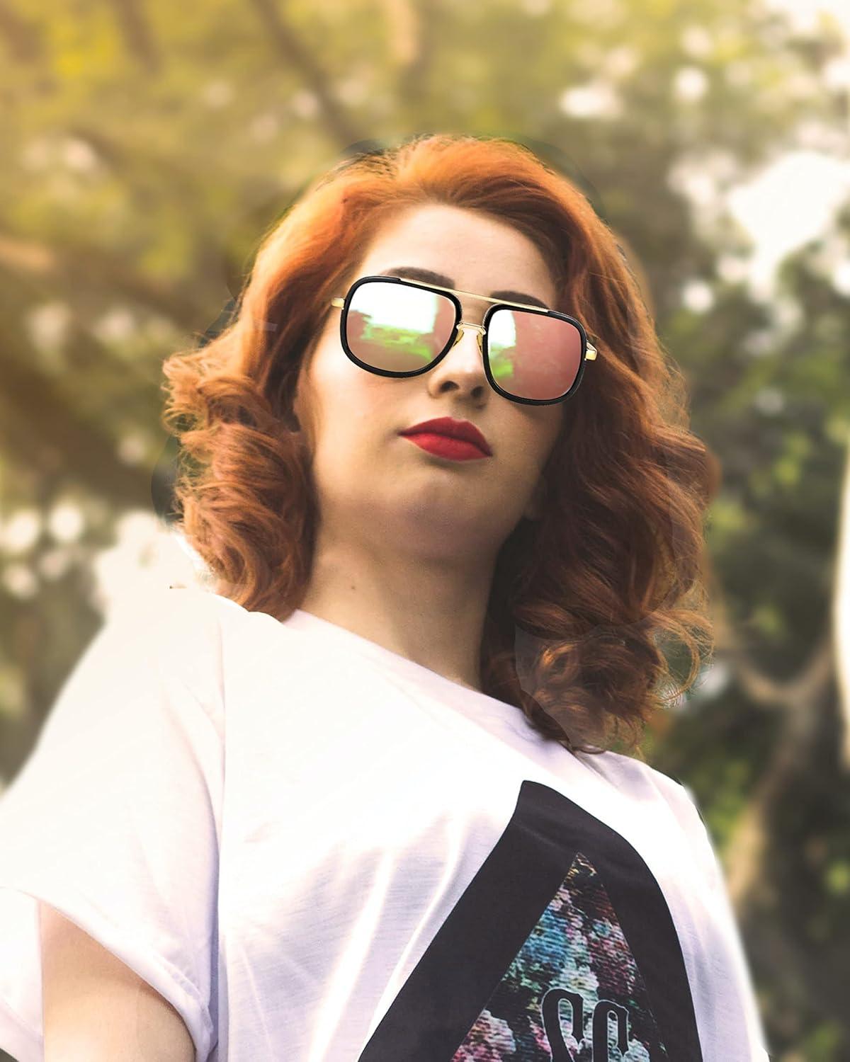image:imageFEISEDY Retro Trendy Aviator Sunglasses Women Men Classic Vintage Square Sunglasses 70s Large Metal Shades B2321006 Gold FramePink Mirrored Lens