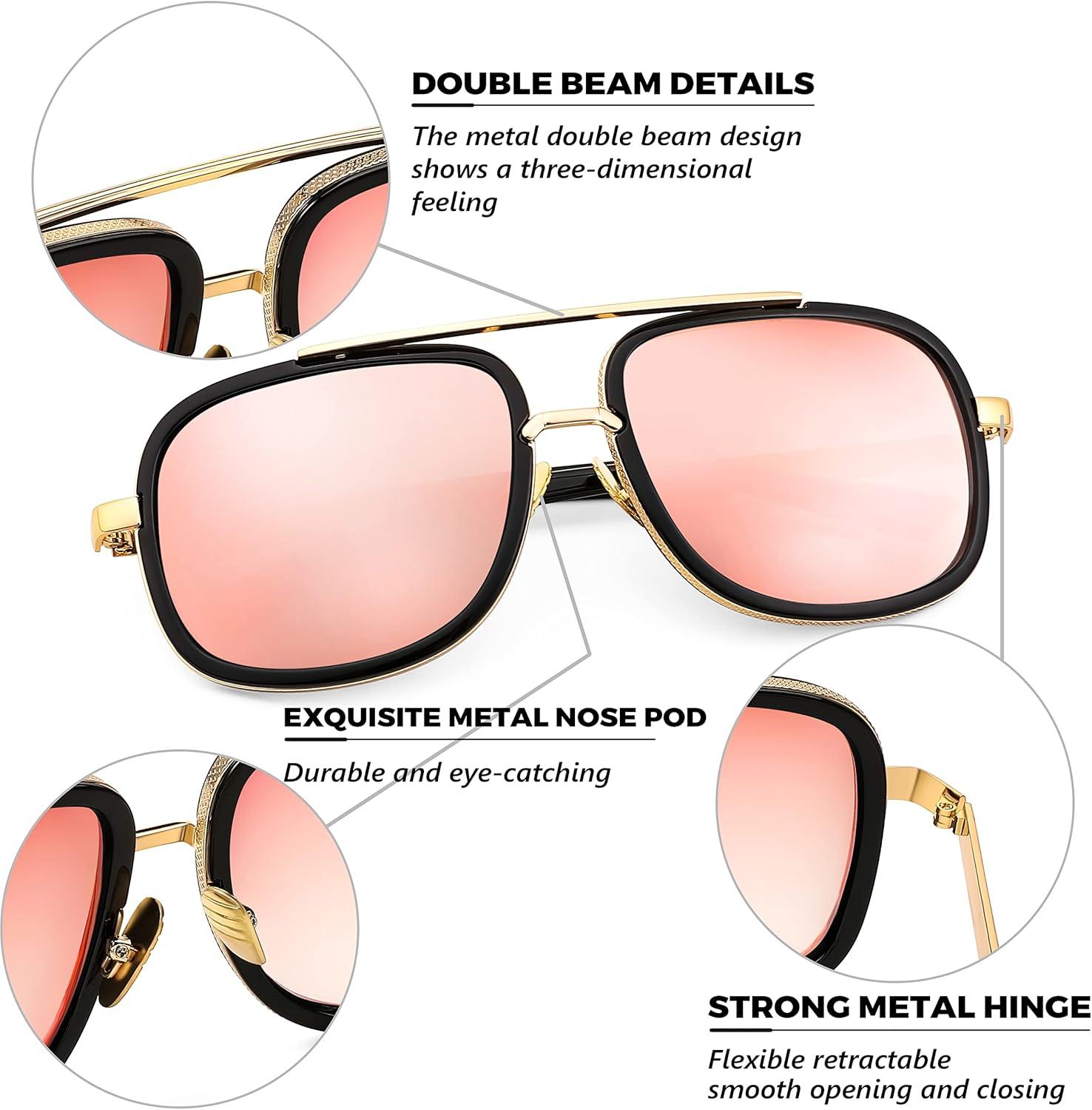 image:imageFEISEDY Retro Trendy Aviator Sunglasses Women Men Classic Vintage Square Sunglasses 70s Large Metal Shades B2321006 Gold FramePink Mirrored Lens