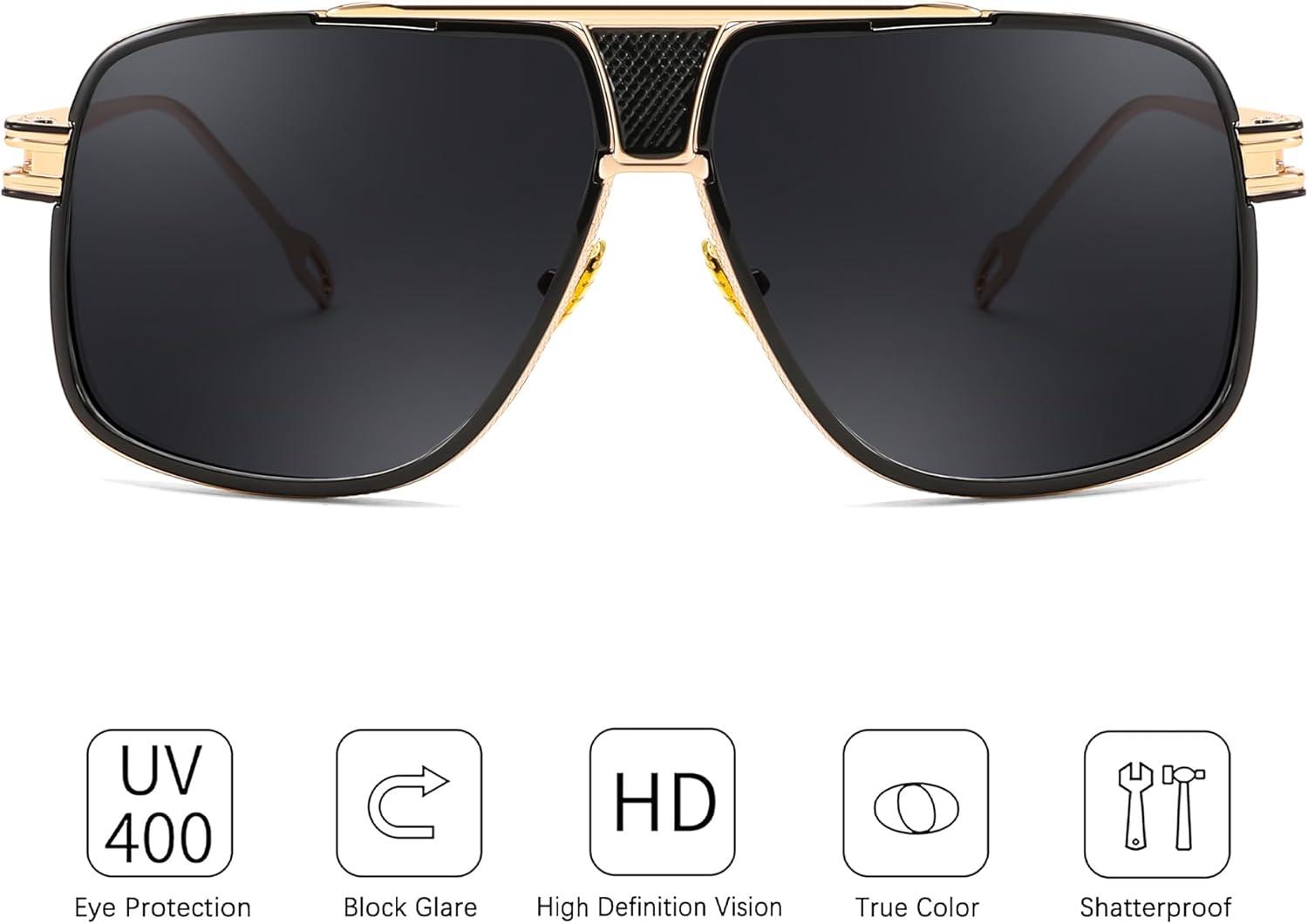 image:imageFEISEDY Sunglasses Mens Oversized Retro Metal Steampunk Shades Sunnies Fishing Driving B0272Gold Fram Black and Grey Lense