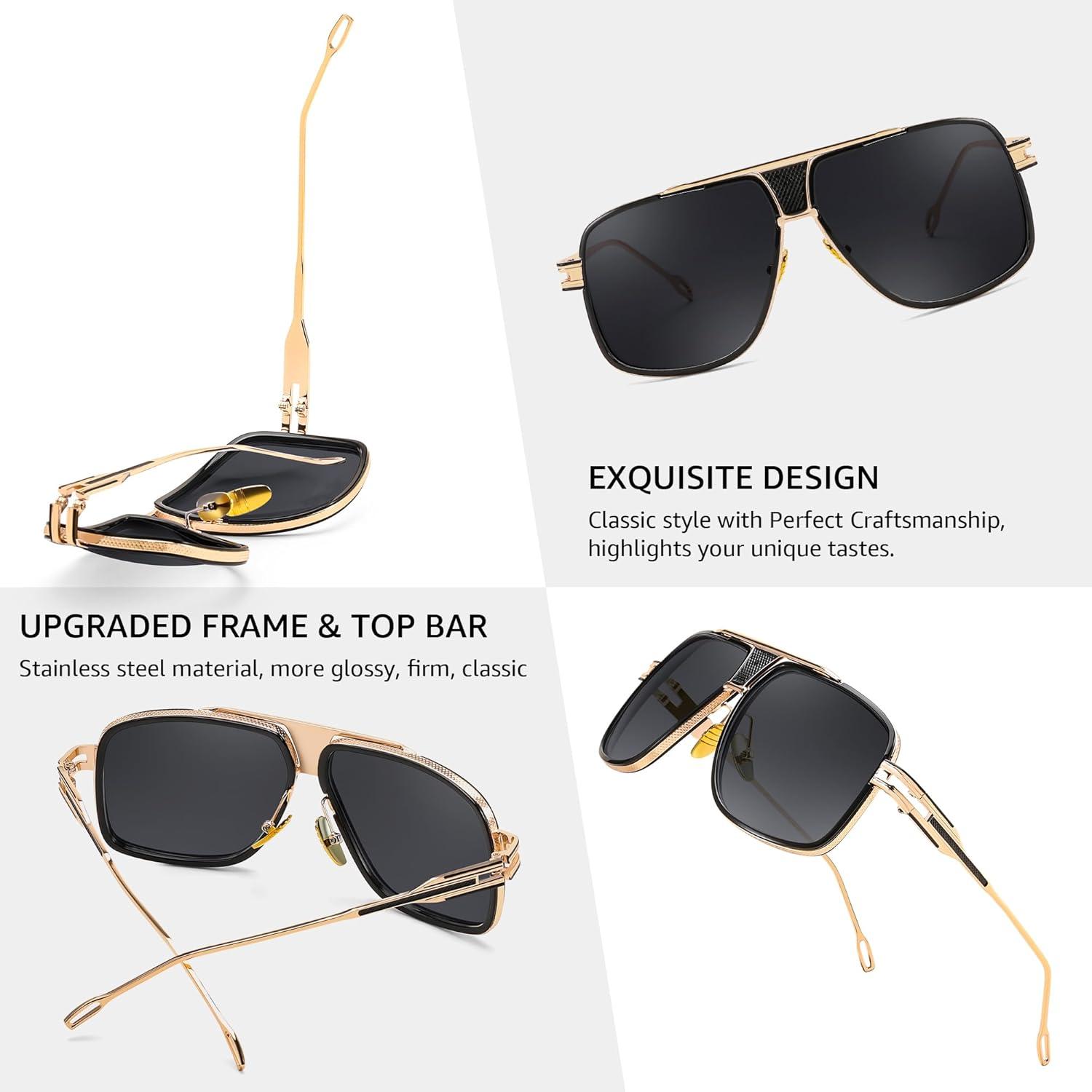 image:imageFEISEDY Sunglasses Mens Oversized Retro Metal Steampunk Shades Sunnies Fishing Driving B0272Gold Fram Black and Grey Lense