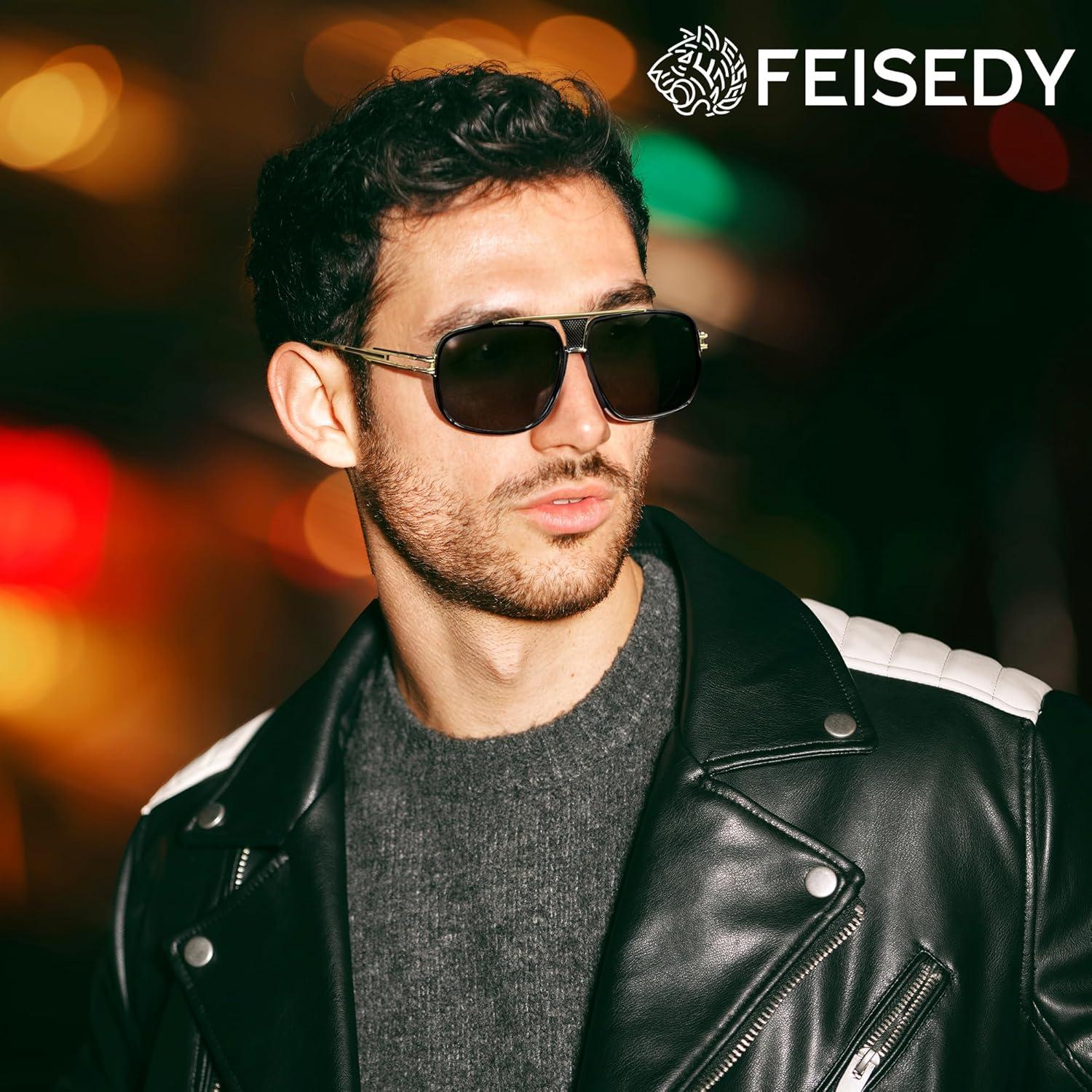 image:imageFEISEDY Sunglasses Mens Oversized Retro Metal Steampunk Shades Sunnies Fishing Driving B0272Gold Fram Black and Grey Lense