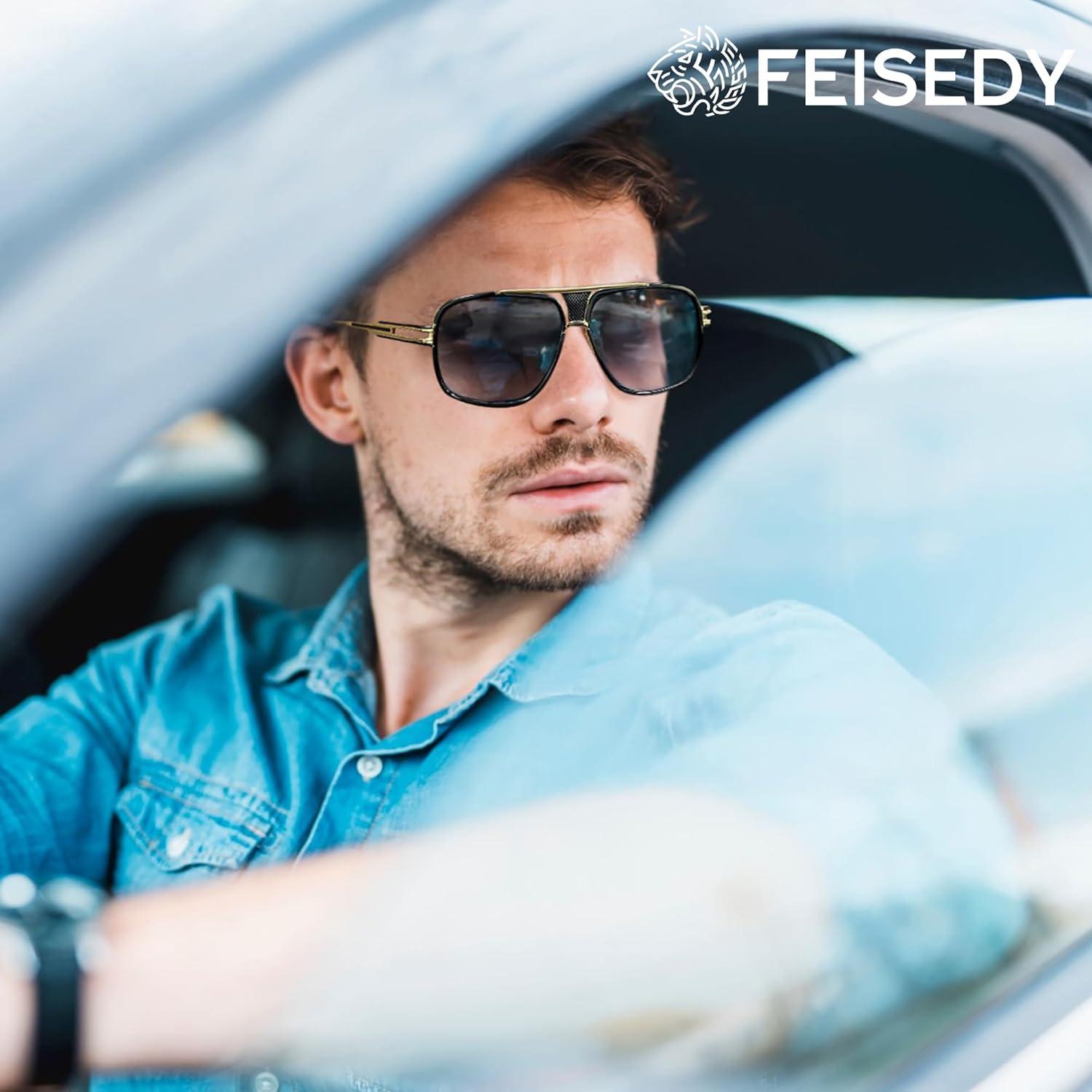 image:imageFEISEDY Sunglasses Mens Oversized Retro Metal Steampunk Shades Sunnies Fishing Driving B0272Gold Framed and Grey Lens