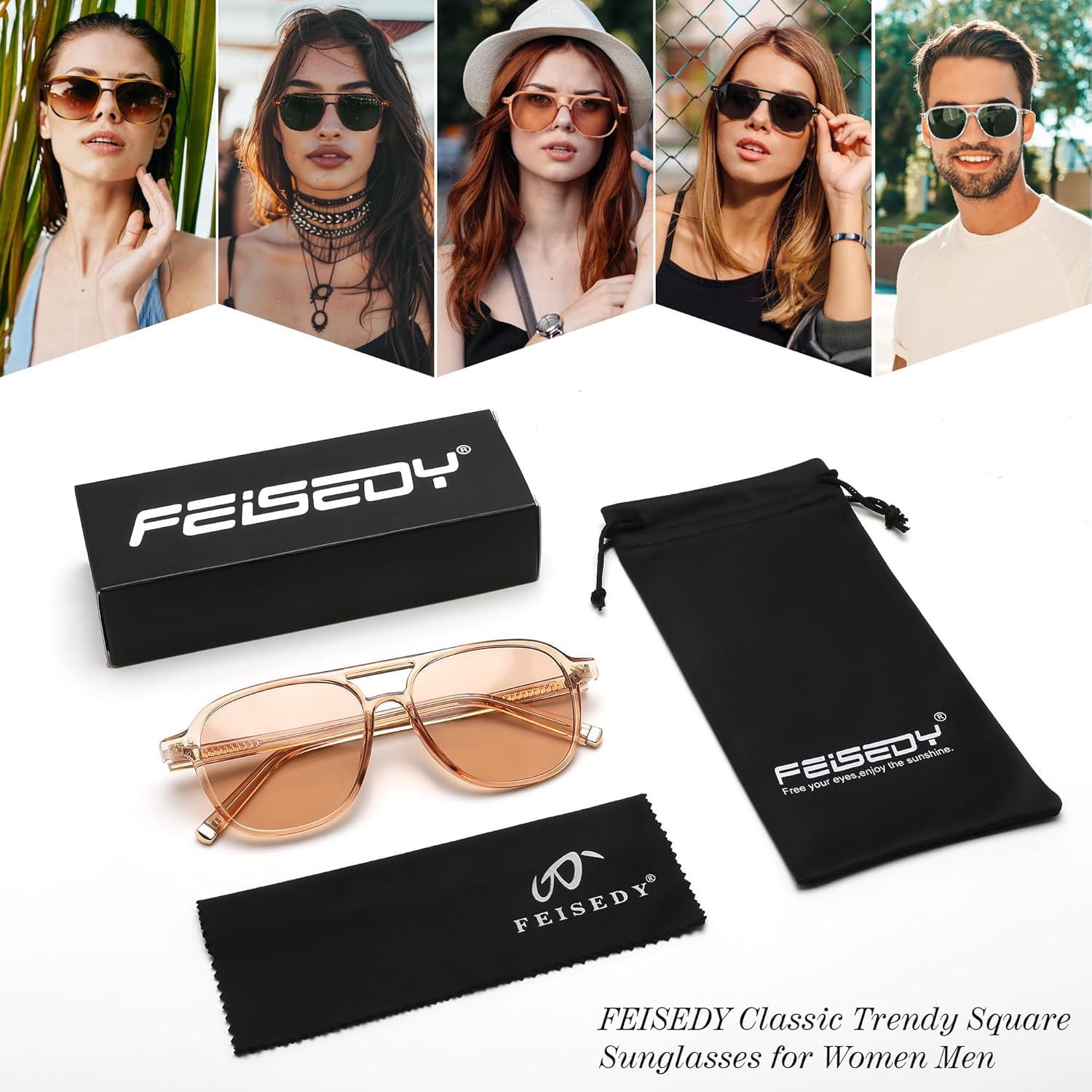 image:imageFEISEDY Vintage Square 70s Aviator Sunglasses Women Men Classic Trendy Acetate Frame UV400 Sun Glasses B0117Transparent Tea Light Tea