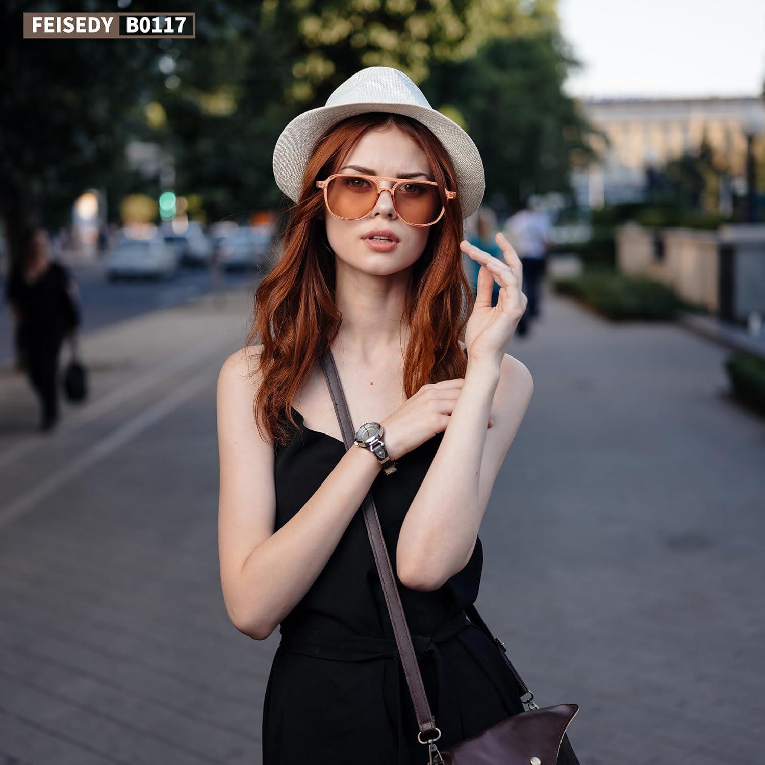 image:imageFEISEDY Vintage Square 70s Aviator Sunglasses Women Men Classic Trendy Acetate Frame UV400 Sun Glasses B0117Transparent Tea Light Tea