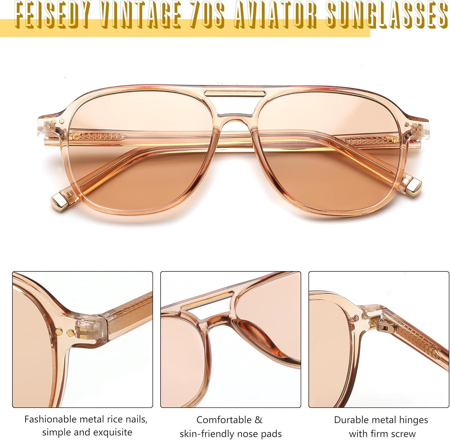 image:imageFEISEDY Vintage Square 70s Aviator Sunglasses Women Men Classic Trendy Acetate Frame UV400 Sun Glasses B0117Transparent Tea Light Tea