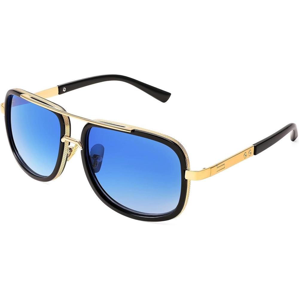 image:imageFEISEDY Retro Trendy Aviator Sunglasses Women Men Classic Vintage Square Sunglasses 70s Large Metal Shades B2321005 Gold FrameGradient Blue Lens