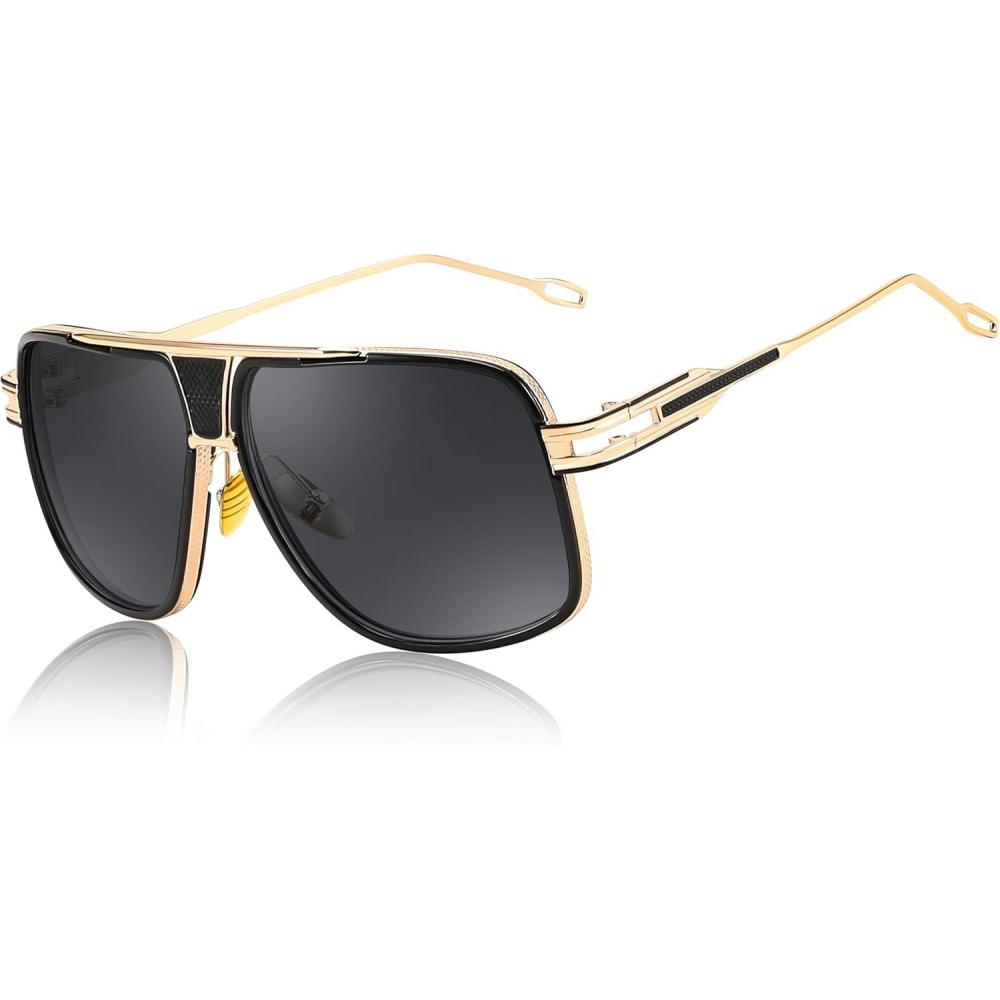 image:imageFEISEDY Sunglasses Mens Oversized Retro Metal Steampunk Shades Sunnies Fishing Driving B0272Gold Fram Black and Grey Lense