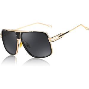 FEISEDY Sunglasses Mens Oversized Retro Metal Steampunk Shades Sunnies Fishing Driving B0272(Gold Fram Black and Grey Lense)