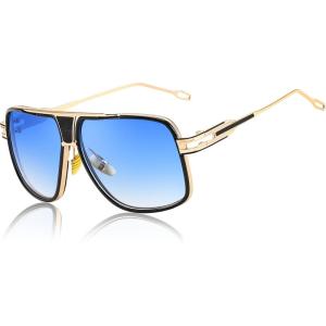FEISEDY Sunglasses Mens Oversized Retro Metal Steampunk Shades Sunnies Fishing Driving B0272(Gold Framed and Blue Lens)