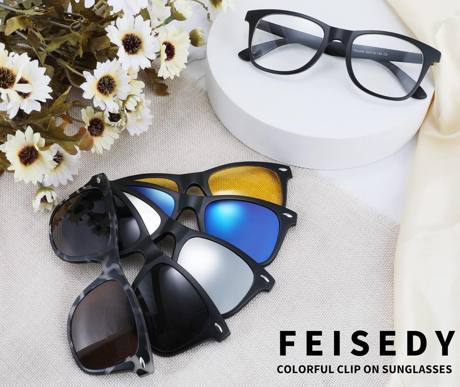 image:imageFEISEDY Magnetic Clip on Sunglasses TR90 Frame TAC 5pcs Replacement Lens Set Sunglasses for Men Women B2884Square Frame With 5 Lenses