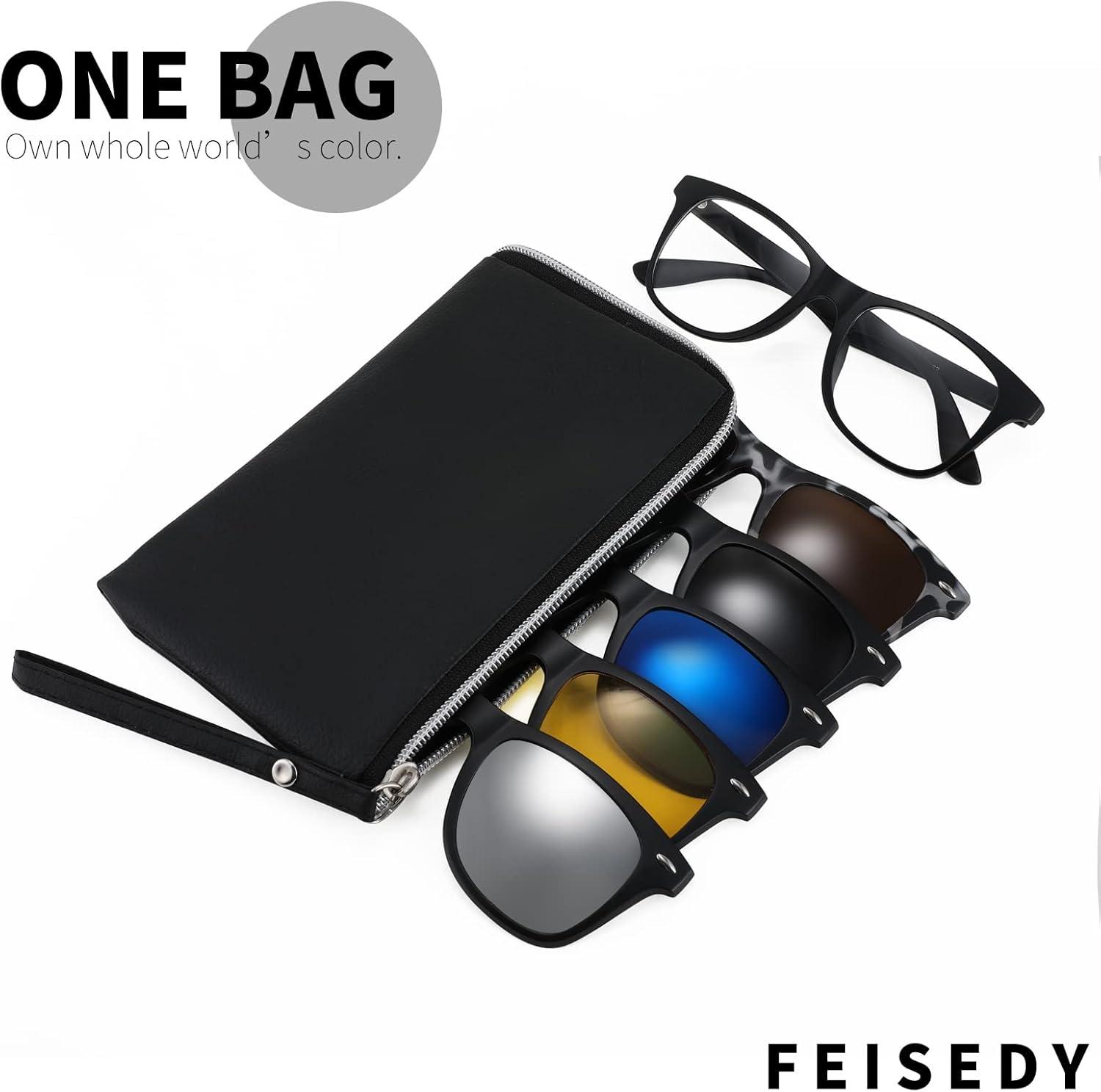 image:imageFEISEDY Magnetic Clip on Sunglasses TR90 Frame TAC 5pcs Replacement Lens Set Sunglasses for Men Women B2884Square Frame With 5 Lenses