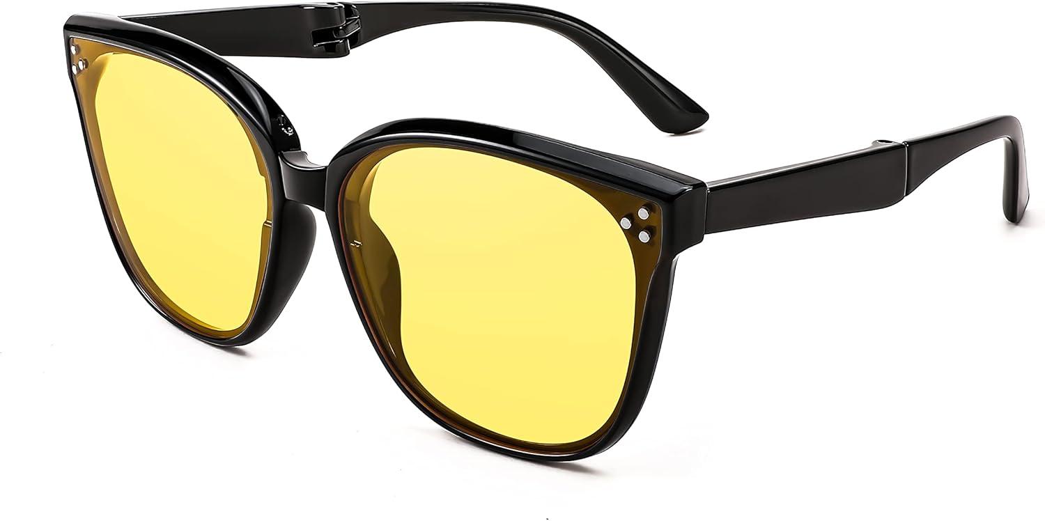 image:imageFEISEDY Oversized Square Foldable Sunglasses Easy Carry Folding Ultralight with Glasses Case UV Protection B2955Black Frame Yellow Lens
