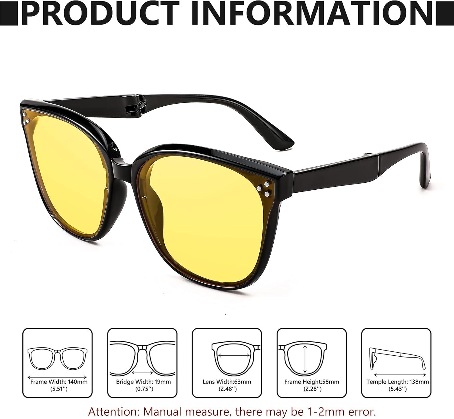 image:imageFEISEDY Oversized Square Foldable Sunglasses Easy Carry Folding Ultralight with Glasses Case UV Protection B2955Black Frame Yellow Lens