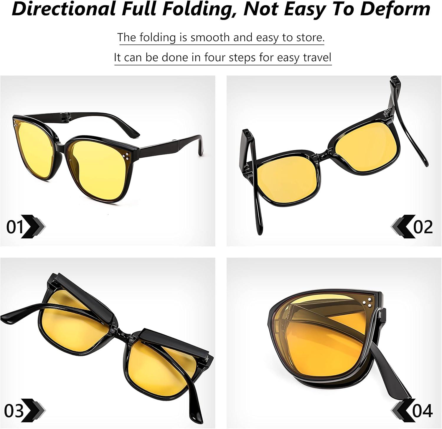 image:imageFEISEDY Oversized Square Foldable Sunglasses Easy Carry Folding Ultralight with Glasses Case UV Protection B2955Black Frame Yellow Lens