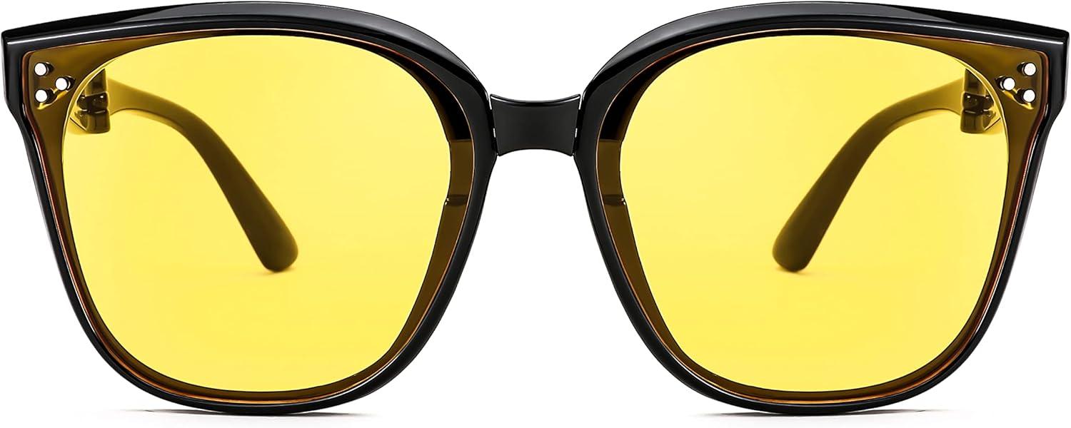 image:imageFEISEDY Oversized Square Foldable Sunglasses Easy Carry Folding Ultralight with Glasses Case UV Protection B2955Black Frame Yellow Lens