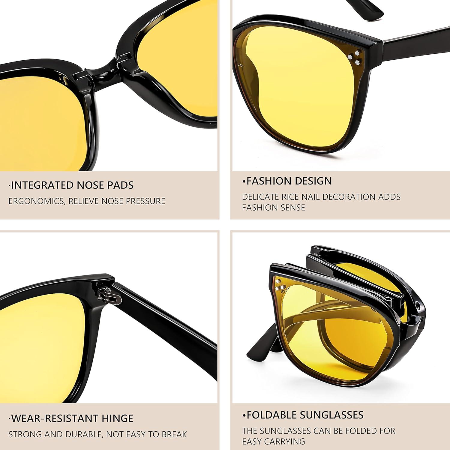 image:imageFEISEDY Oversized Square Foldable Sunglasses Easy Carry Folding Ultralight with Glasses Case UV Protection B2955Black Frame Yellow Lens