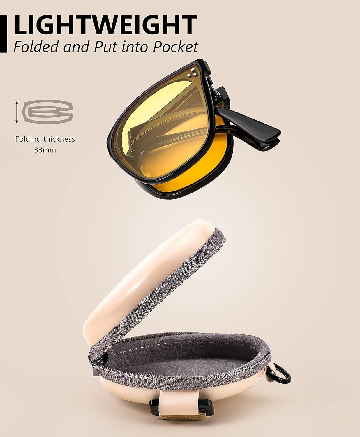 image:imageFEISEDY Oversized Square Foldable Sunglasses Easy Carry Folding Ultralight with Glasses Case UV Protection B2955Black Frame Yellow Lens