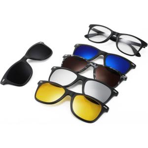 FEISEDY Magnetic Clip on Sunglasses TR90 Frame TAC 5pcs Replacement Lens Set Sunglasses for Men Women B2884(Square Frame With 5 Lenses)