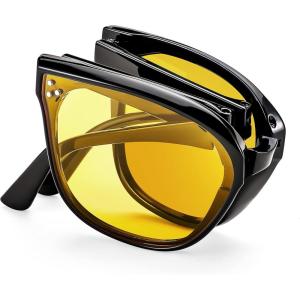 FEISEDY Oversized Square Foldable Sunglasses Easy Carry Folding Ultralight with Glasses Case UV Protection B2955(Black Frame & Yellow Lens)