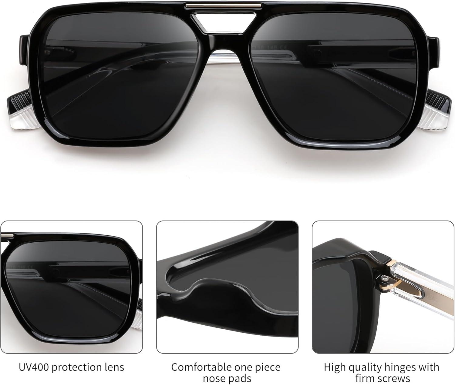 image:imageFEISEDY Retro Aviator Sunglasses for Men WomenTrendy Rectangle 70s Vintage Square Shades Large Pilot Sun Glasses B0390Black