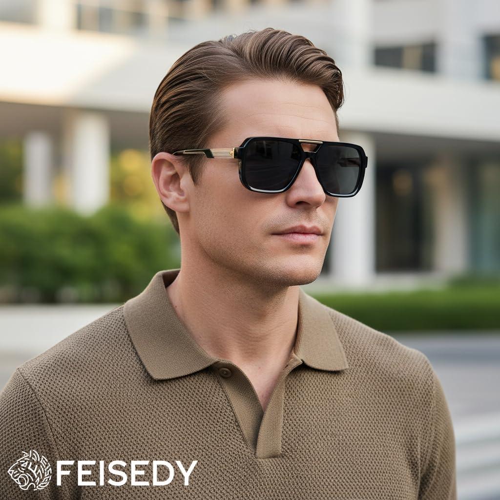 image:imageFEISEDY Retro Aviator Sunglasses for Men WomenTrendy Rectangle 70s Vintage Square Shades Large Pilot Sun Glasses B0390Black