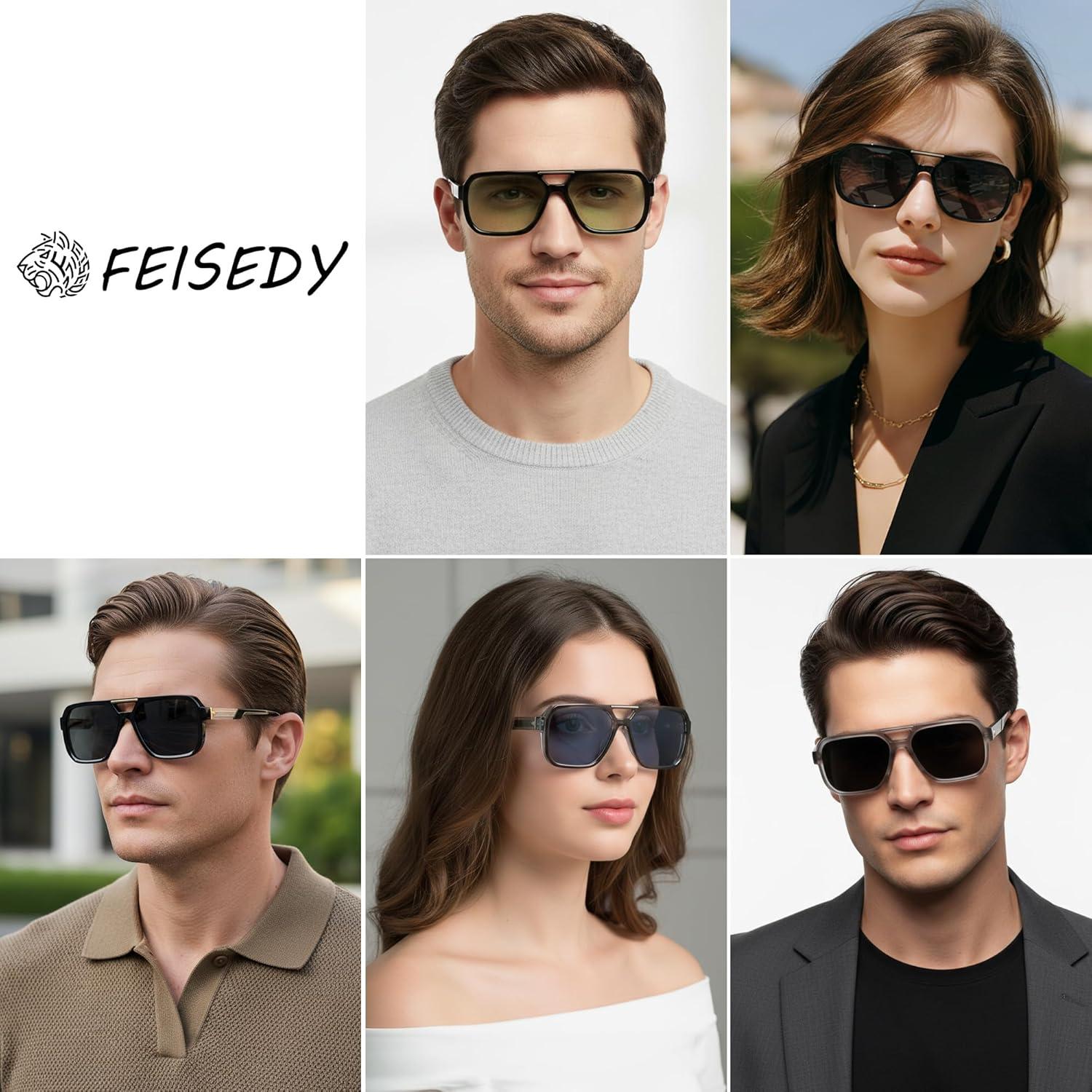 image:imageFEISEDY Retro Aviator Sunglasses for Men WomenTrendy Rectangle 70s Vintage Square Shades Large Pilot Sun Glasses B0390Black