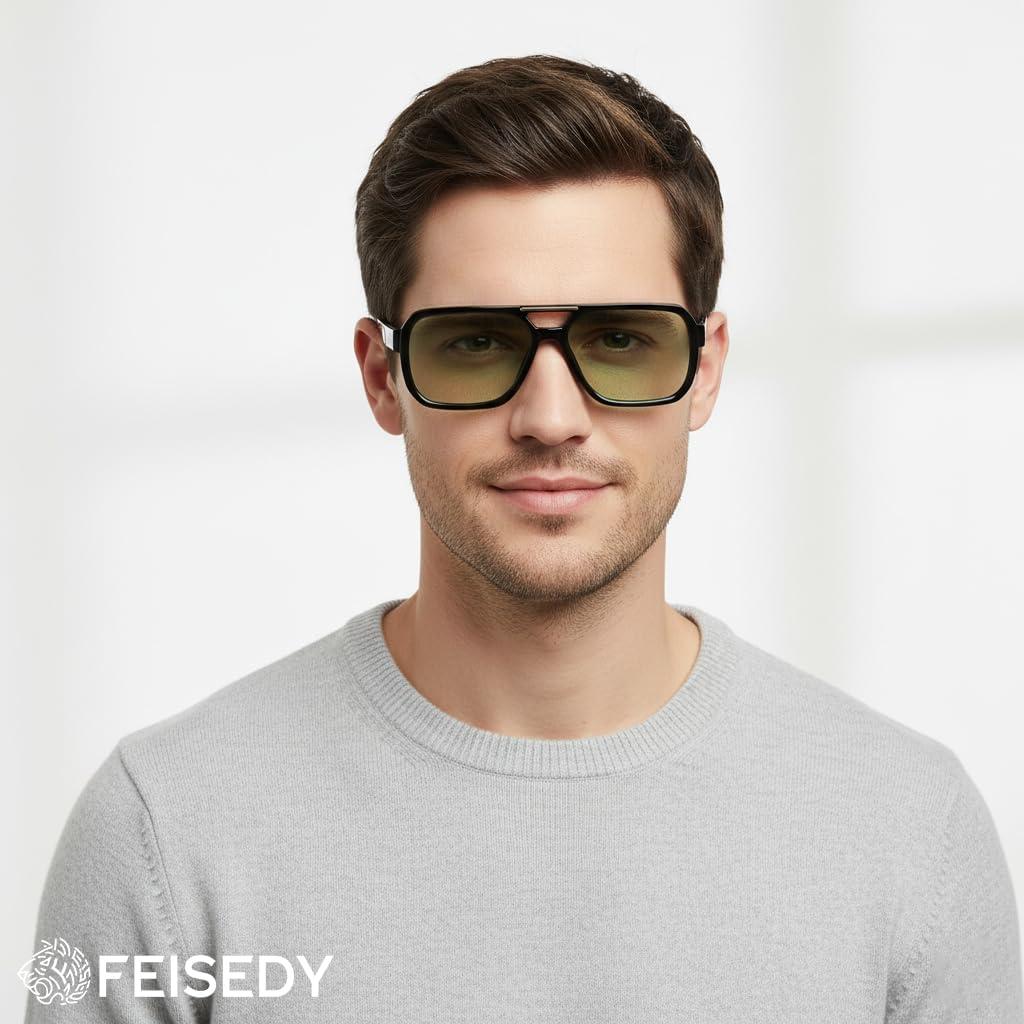 image:imageFEISEDY Retro Aviator Sunglasses for Men WomenTrendy Rectangle 70s Vintage Square Shades Large Pilot Sun Glasses B0390BlackGreen